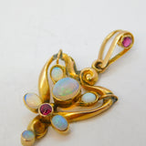 Art Nouveau 9ct Gold, Ruby & Cabochon Opal Lavalier Pendant Antique c1910