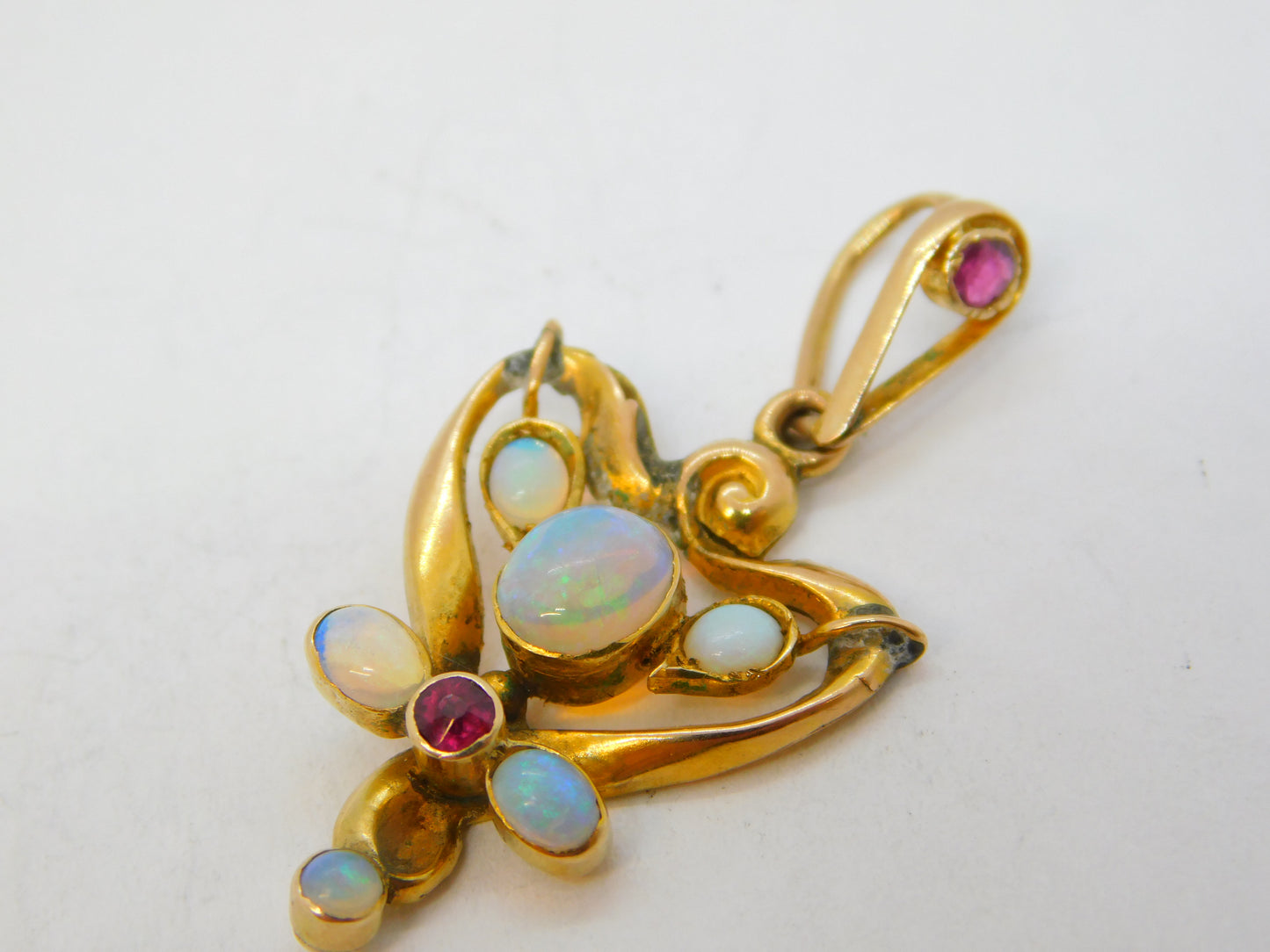 Art Nouveau 9ct Gold, Ruby & Cabochon Opal Lavalier Pendant Antique c1910