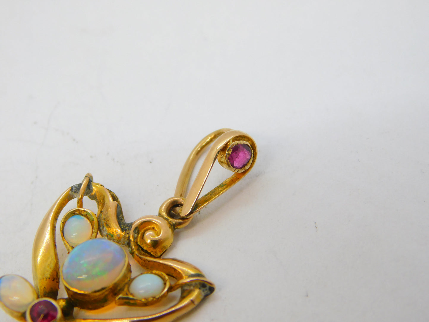 Art Nouveau 9ct Gold, Ruby & Cabochon Opal Lavalier Pendant Antique c1910