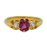 Victorian 18ct Yellow Gold, Pink Topaz & 0.2ct Diamond Boat Ring Antique c1880
