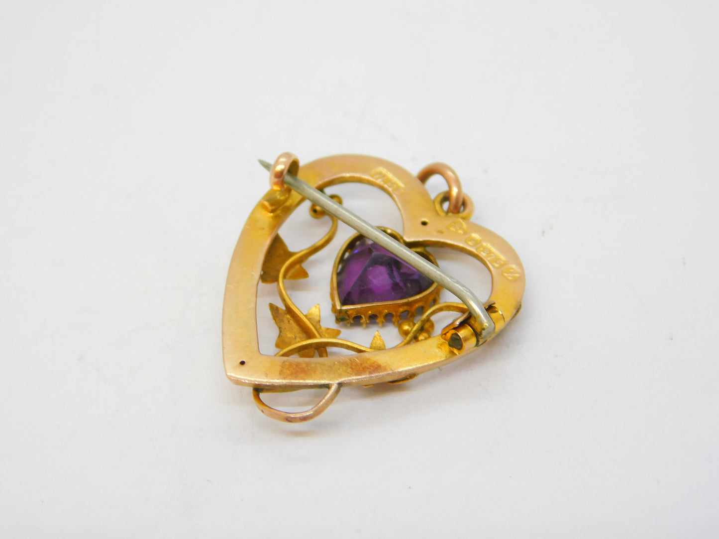 Edwardian Sterling Silver Amethyst Sweetheart Brooch Antique 1910 Chester