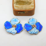 Sterling Silver Blue Guilloche Enamel Floral Clip-On Earrings Antique c1930 Deco