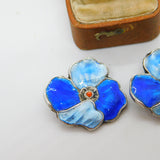 Sterling Silver Blue Guilloche Enamel Floral Clip-On Earrings Antique c1930 Deco