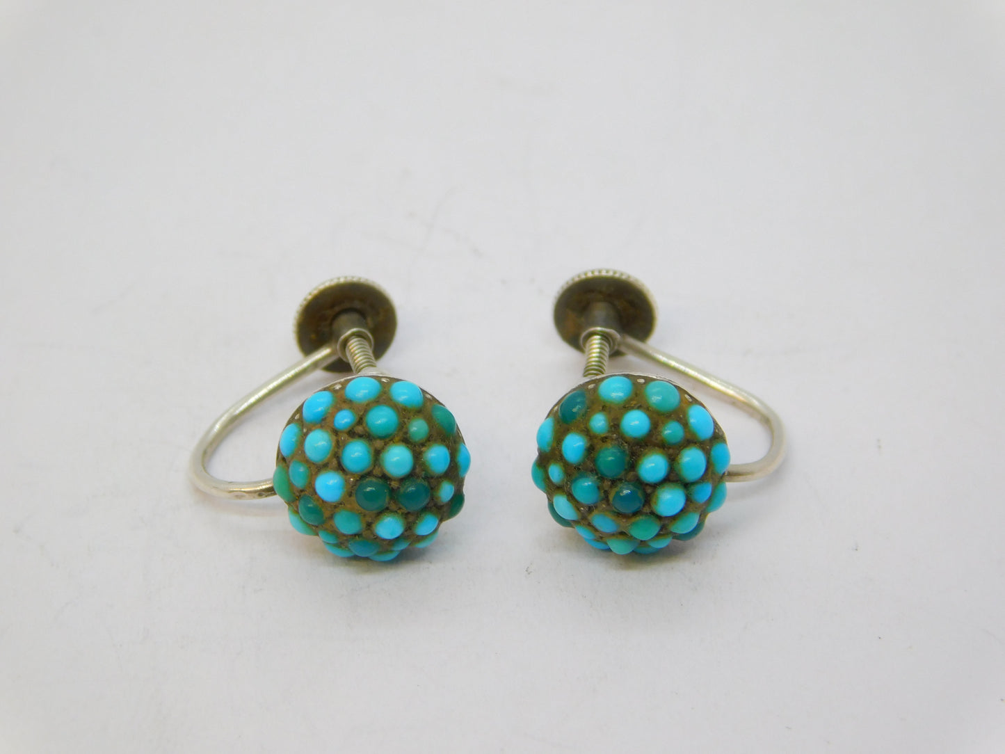 19th Century Austro-Hungarian Sterling Silver Turquoise Screw-Back Earrings c1890
