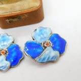Sterling Silver Blue Guilloche Enamel Floral Clip-On Earrings Antique c1930 Deco