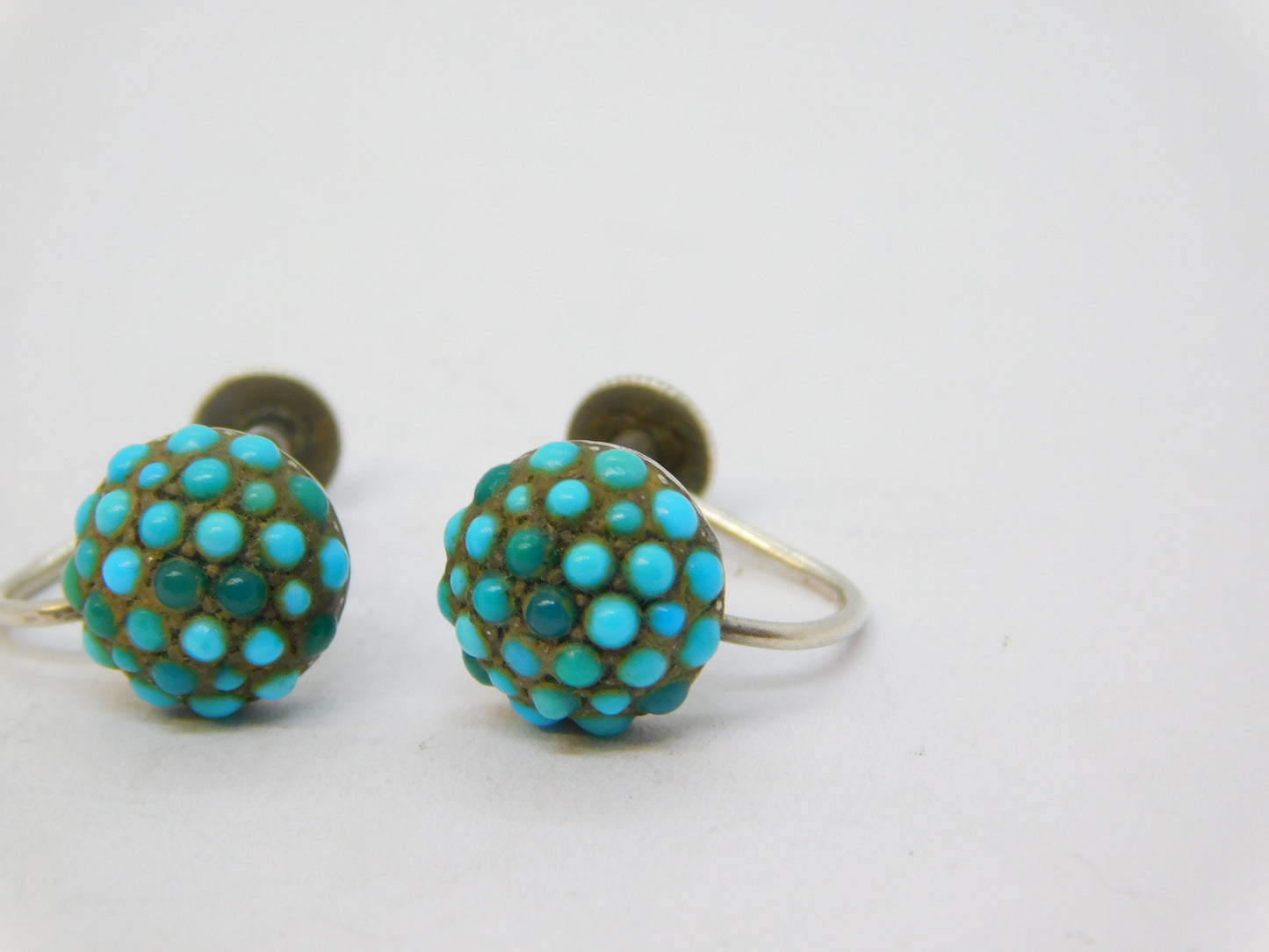 19th Century Austro-Hungarian Sterling Silver Turquoise Screw-Back Earrings c1890
