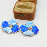 Sterling Silver Blue Guilloche Enamel Floral Clip-On Earrings Antique c1930 Deco