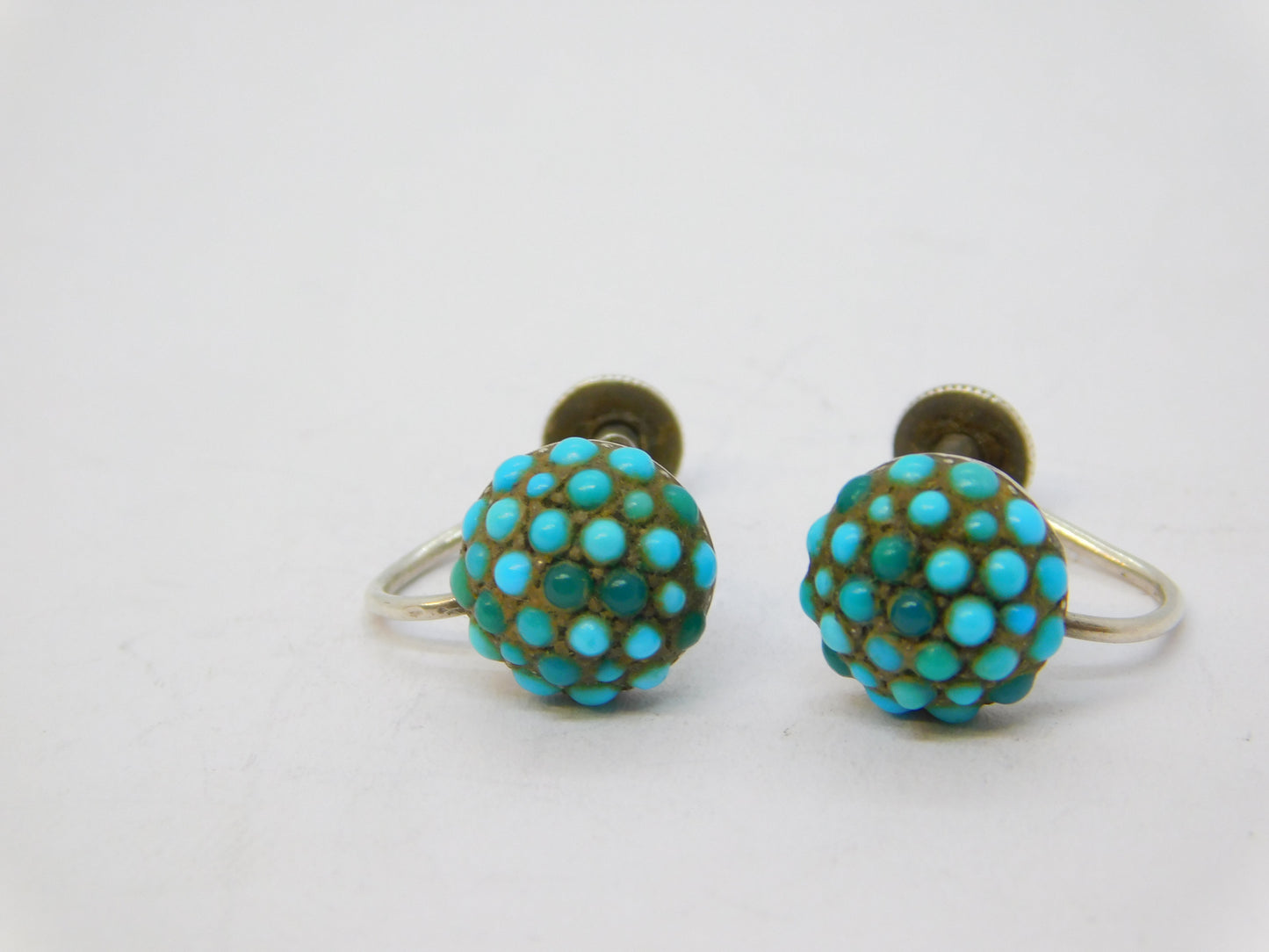 19th Century Austro-Hungarian Sterling Silver Turquoise Screw-Back Earrings c1890