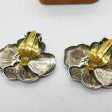 Sterling Silver Blue Guilloche Enamel Floral Clip-On Earrings Antique c1930 Deco