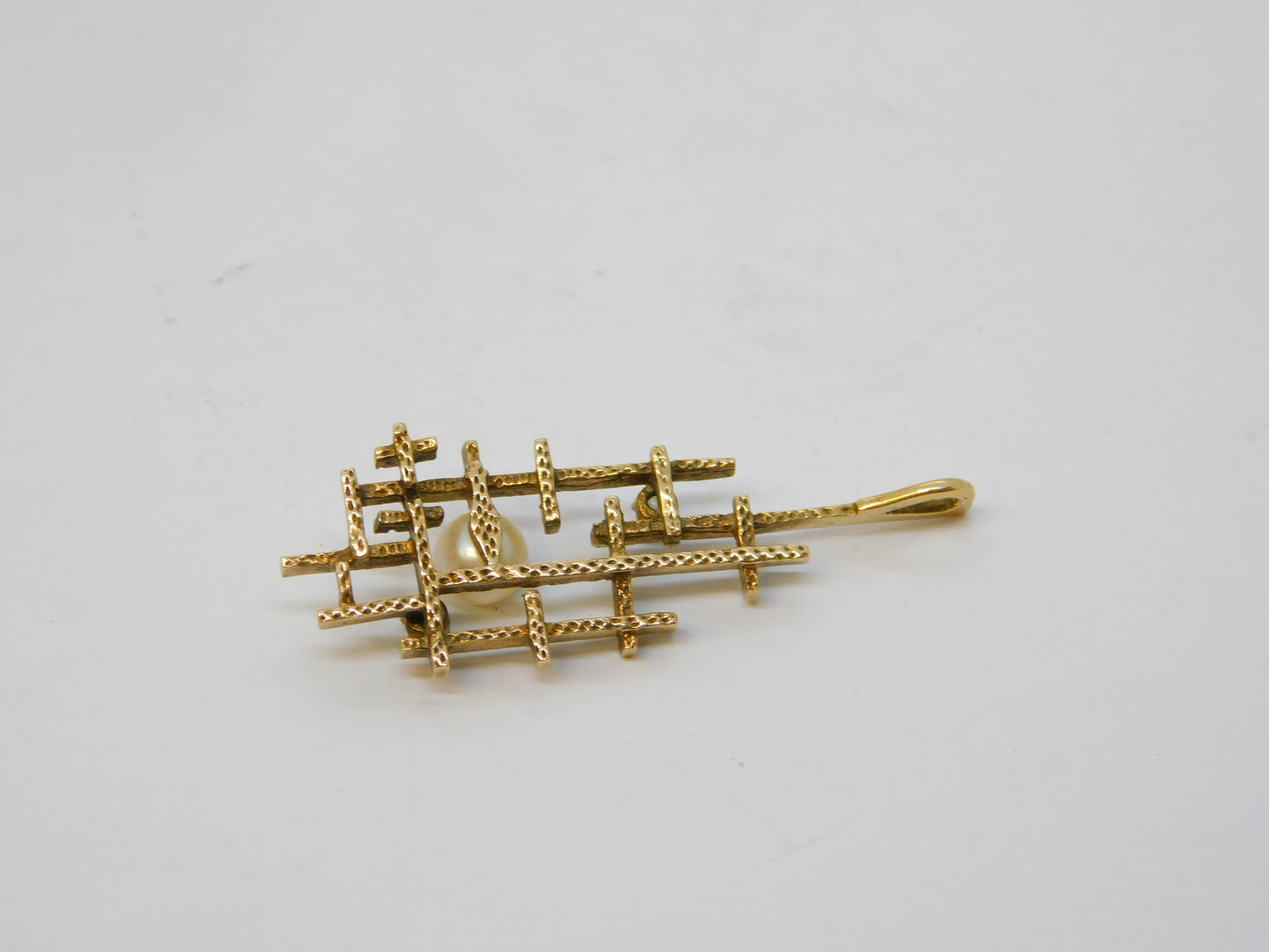 10ct Yellow Gold Brutalist Diamond, Peridot, Pearl Pendant Vintage c1970
