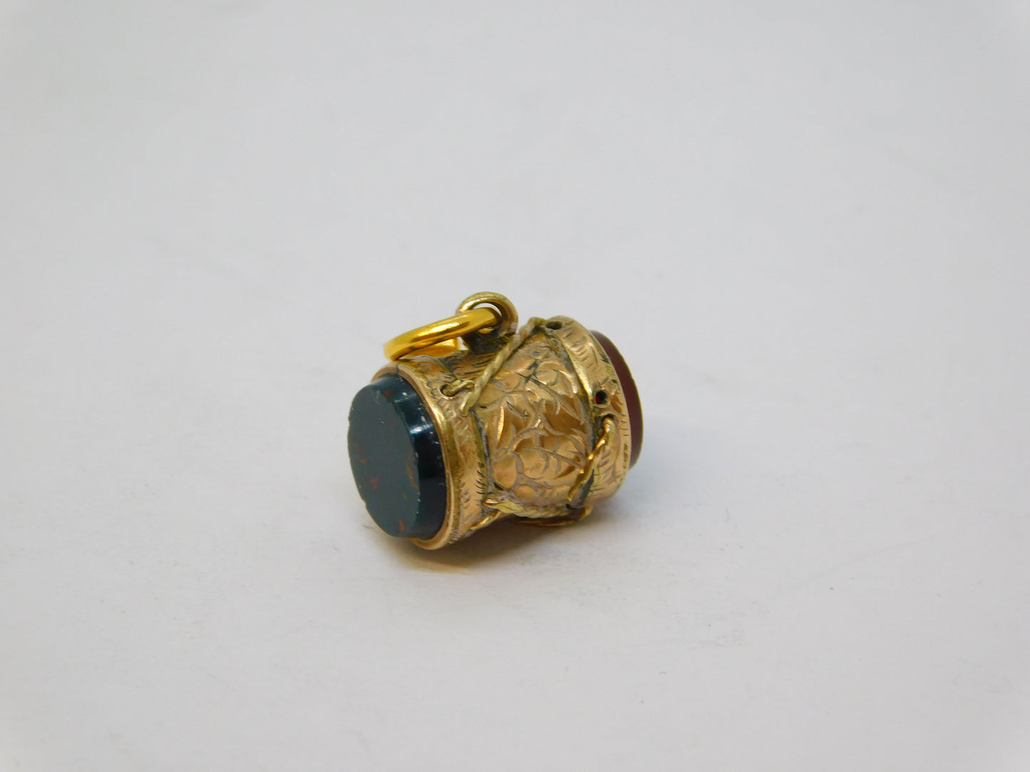 Victorian 9ct Rose Gold, Carnelian, Bloodstone Drum Form Charm Antique c1880