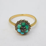 Victorian 9ct Yellow Gold & Turquoise Set Floral Target Ring Antique c1860