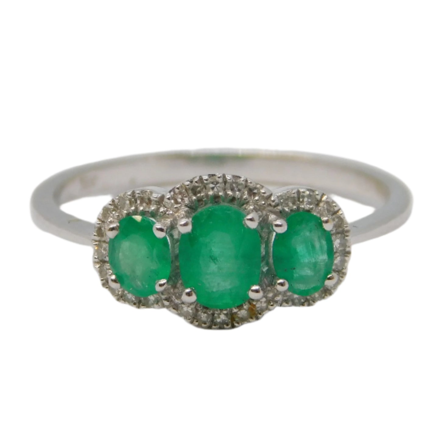 18ct White Gold, Three-Stone Emerald & Diamond Dress Ring Vintage c1990