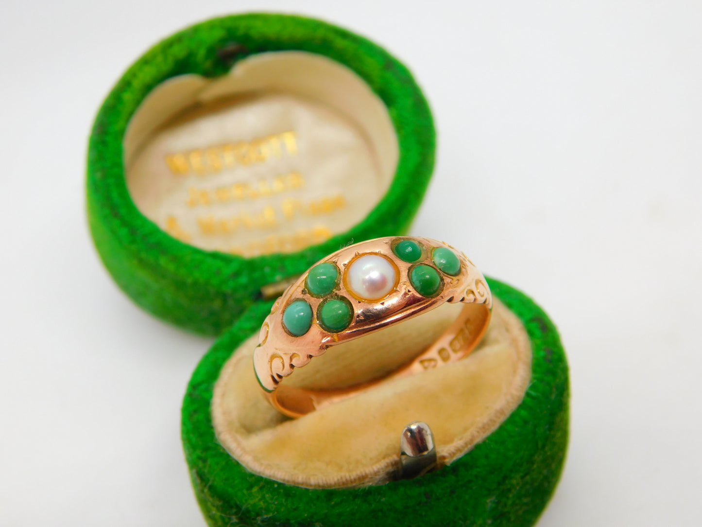 Edwardian 9ct Rose Gold, Turquoise & Pearl Floral Boat Ring Antique 1909 Chester