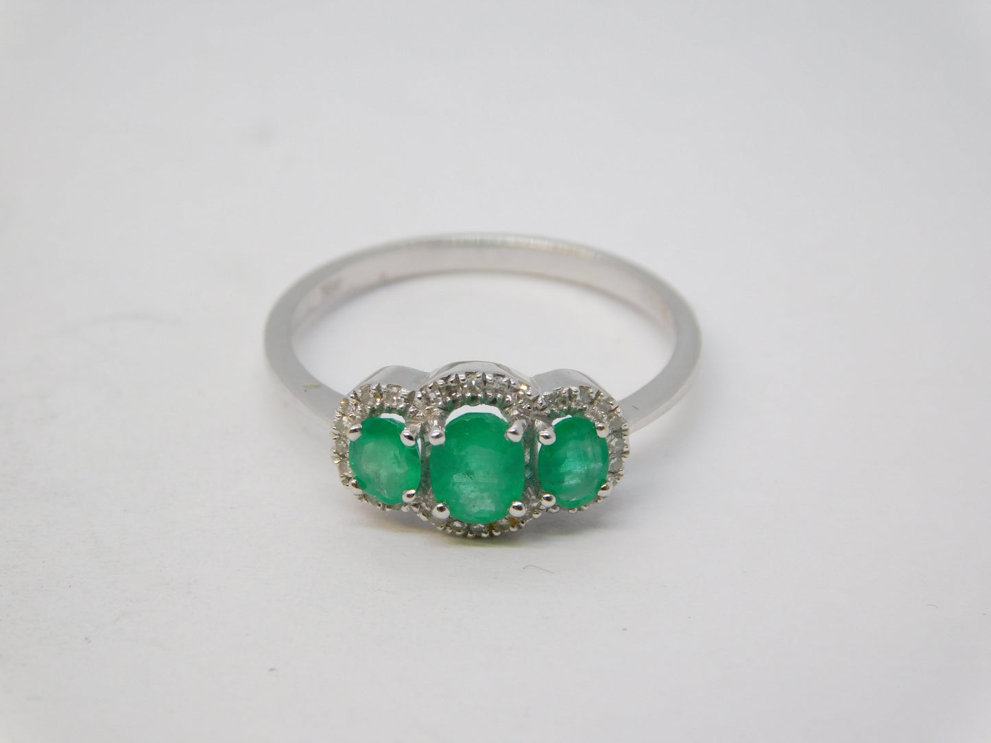 18ct White Gold, Three-Stone Emerald & Diamond Dress Ring Vintage c1990