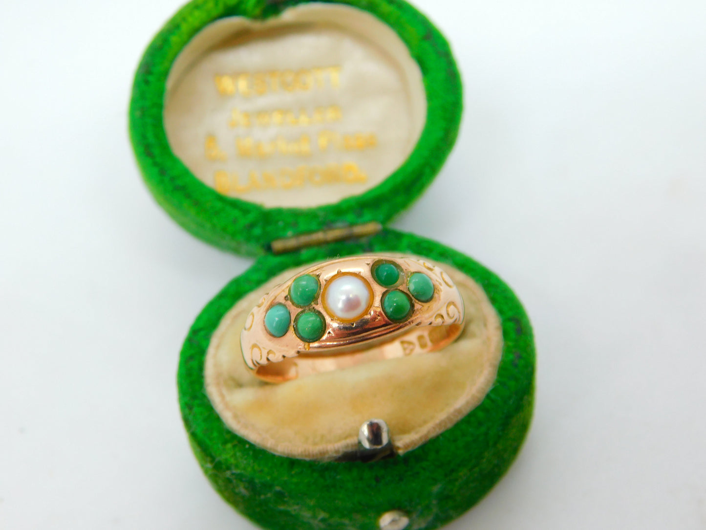 Edwardian 9ct Rose Gold, Turquoise & Pearl Floral Boat Ring Antique 1909 Chester