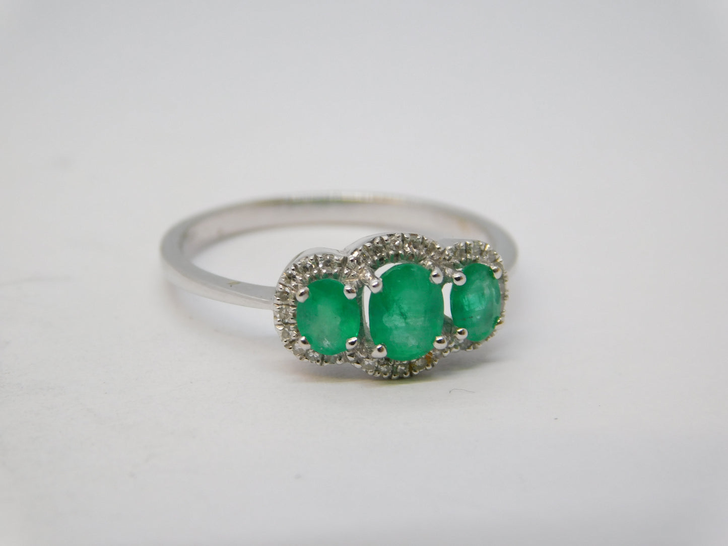 18ct White Gold, Three-Stone Emerald & Diamond Dress Ring Vintage c1990