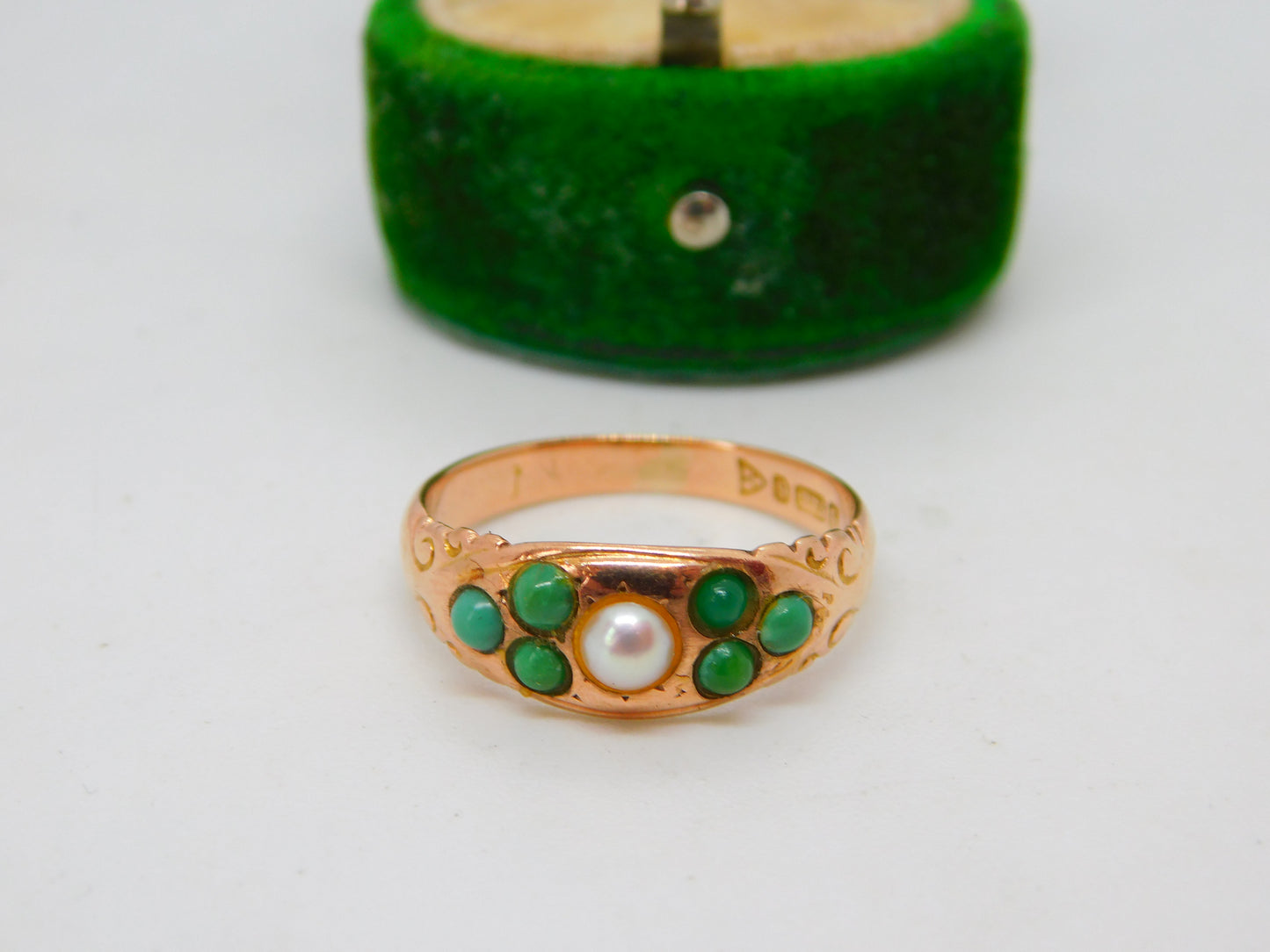 Edwardian 9ct Rose Gold, Turquoise & Pearl Floral Boat Ring Antique 1909 Chester
