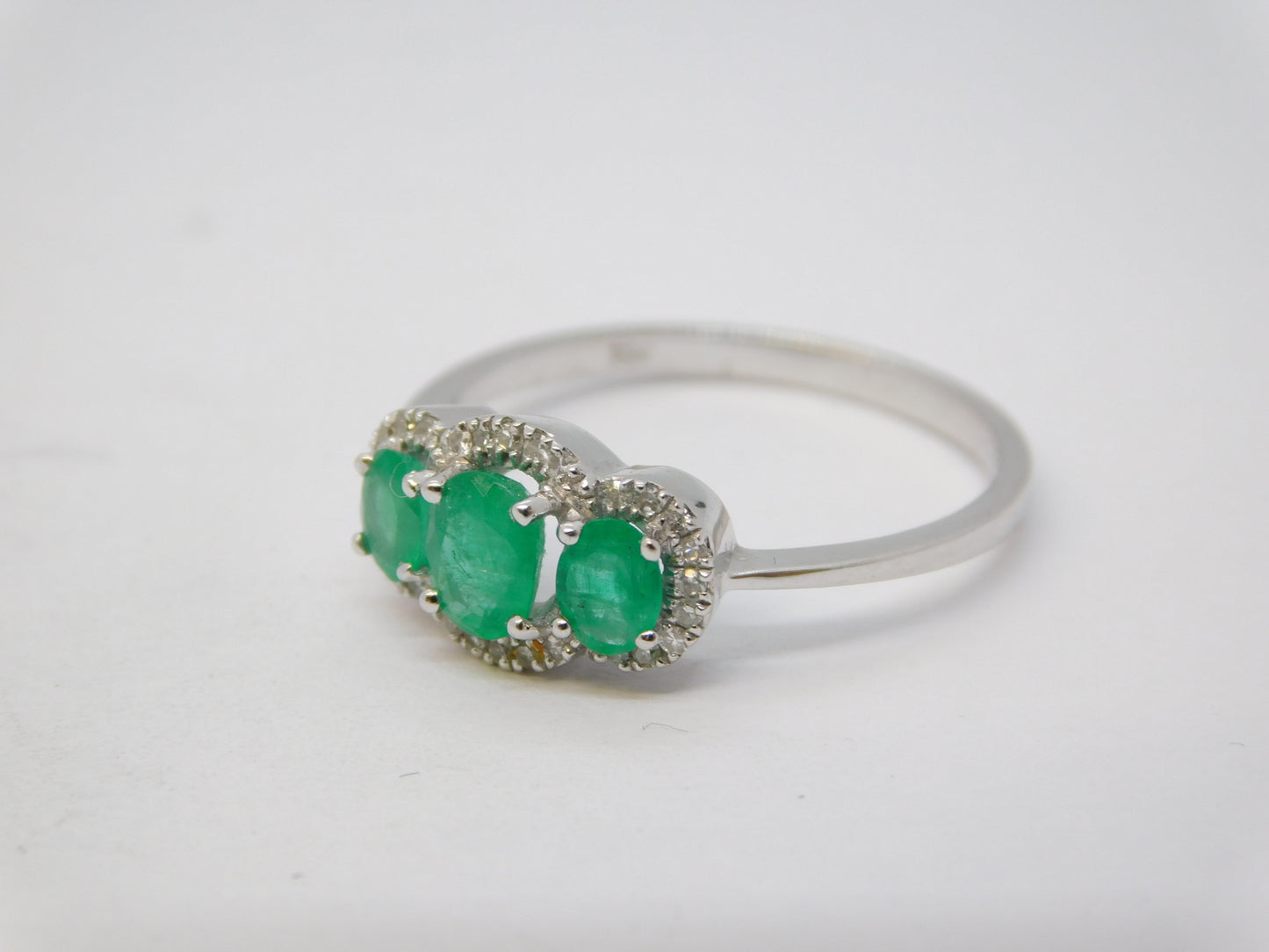18ct White Gold, Three-Stone Emerald & Diamond Dress Ring Vintage c1990