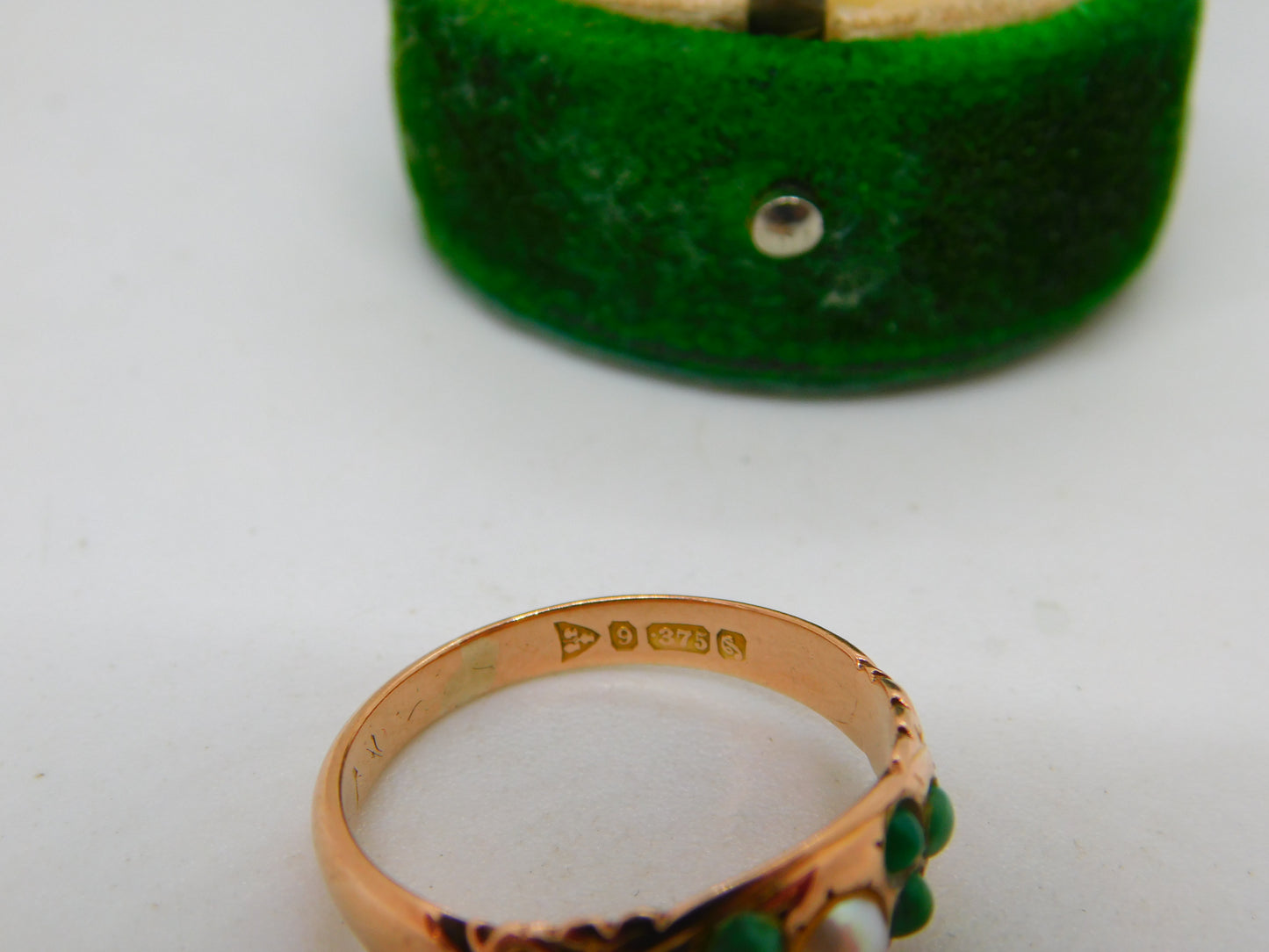 Edwardian 9ct Rose Gold, Turquoise & Pearl Floral Boat Ring Antique 1909 Chester