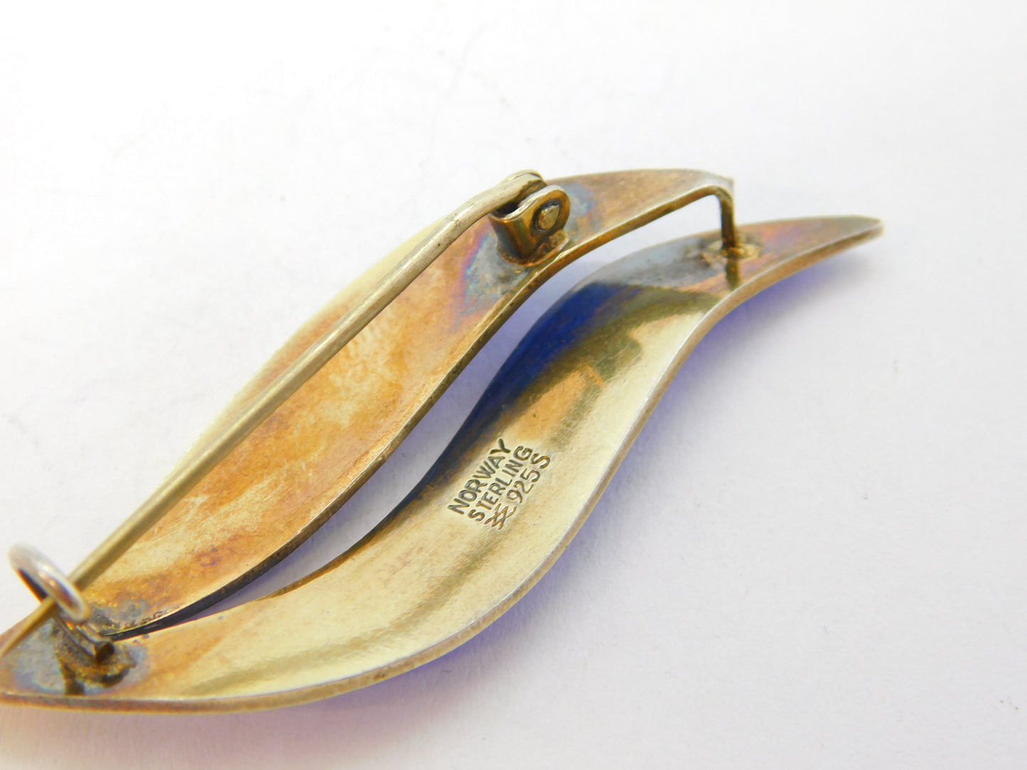 Aksel Holmsen Norway Sterling Silver Blue Enamel Leaf Brooch Antique c1930