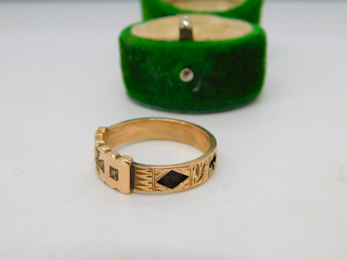 Victorian 9ct Rose Gold Hair Set Maltese Cross Mourning Ring Antique c1860