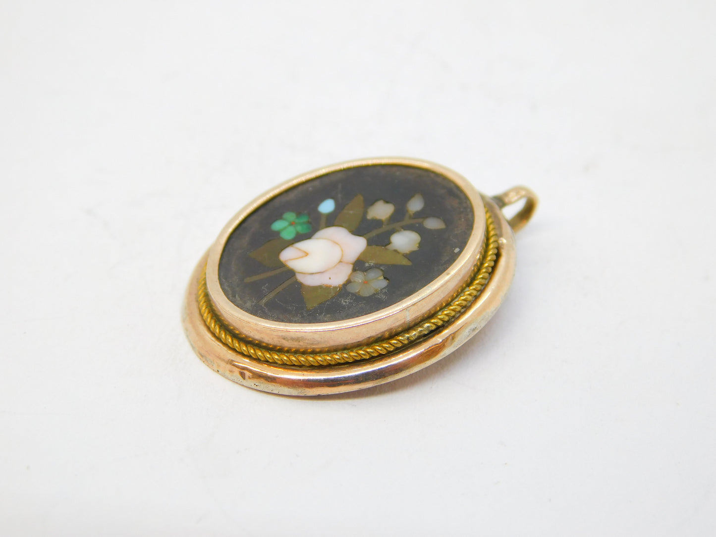 19th Century 9ct Rose Gold Pietra Dura Rose Flower Pendant Antique c1860