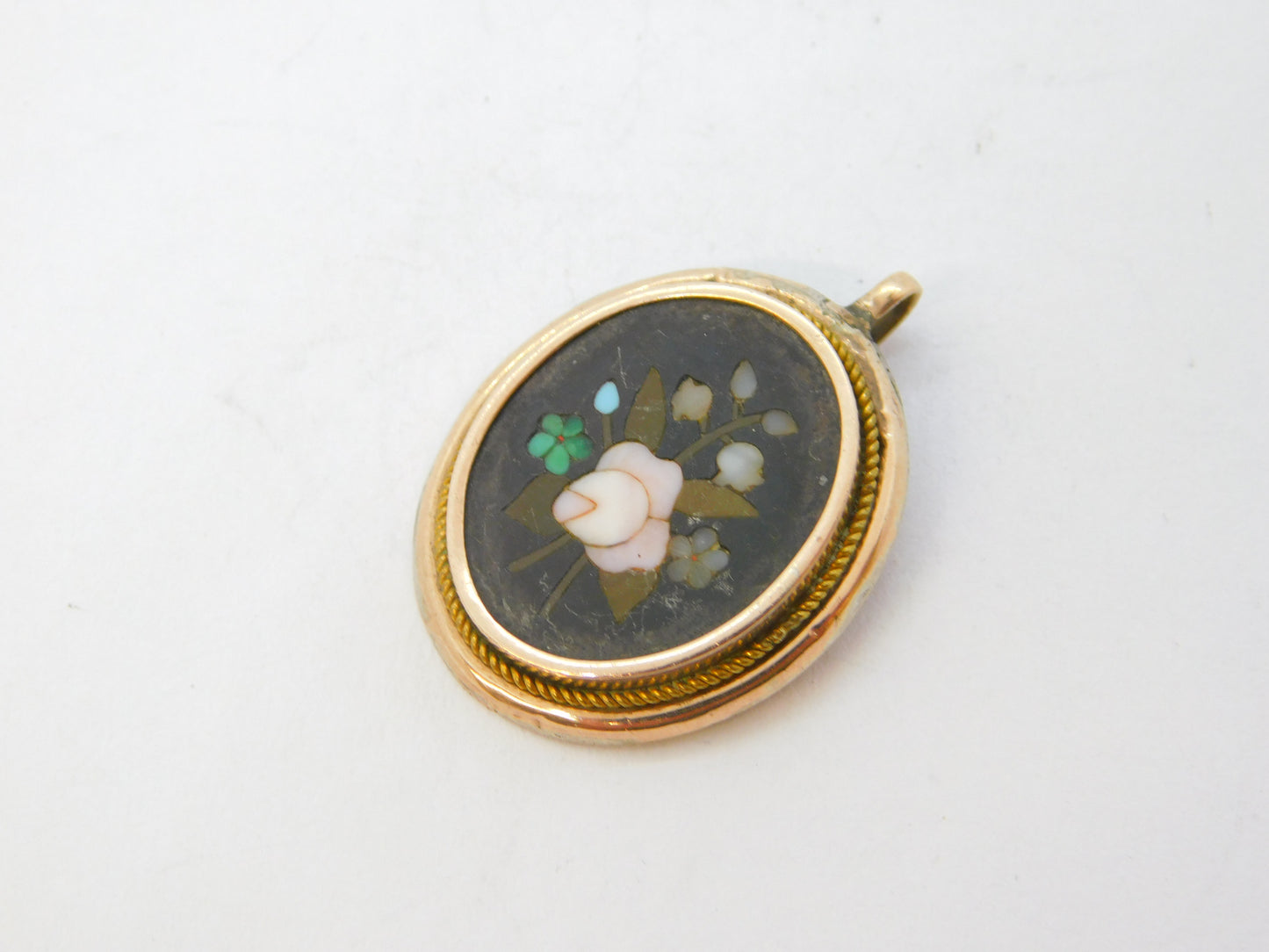 19th Century 9ct Rose Gold Pietra Dura Rose Flower Pendant Antique c1860
