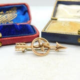Arrow and Seed Pearl Flower 14ct Gold Brooch Pin Antique Victorian c1890
