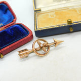 Arrow and Seed Pearl Flower 14ct Gold Brooch Pin Antique Victorian c1890
