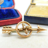Arrow and Seed Pearl Flower 14ct Gold Brooch Pin Antique Victorian c1890
