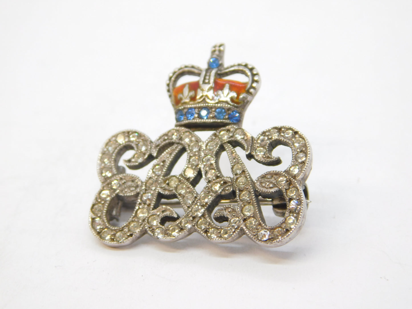 Sterling Silver King Edward VIII Paste & Enamel Brooch Pin Antique c1937