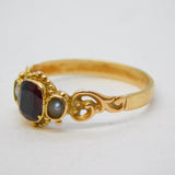 Victorian 9ct Yellow Gold, Garnet & Seed Pearl Dress Ring Antique c1860
