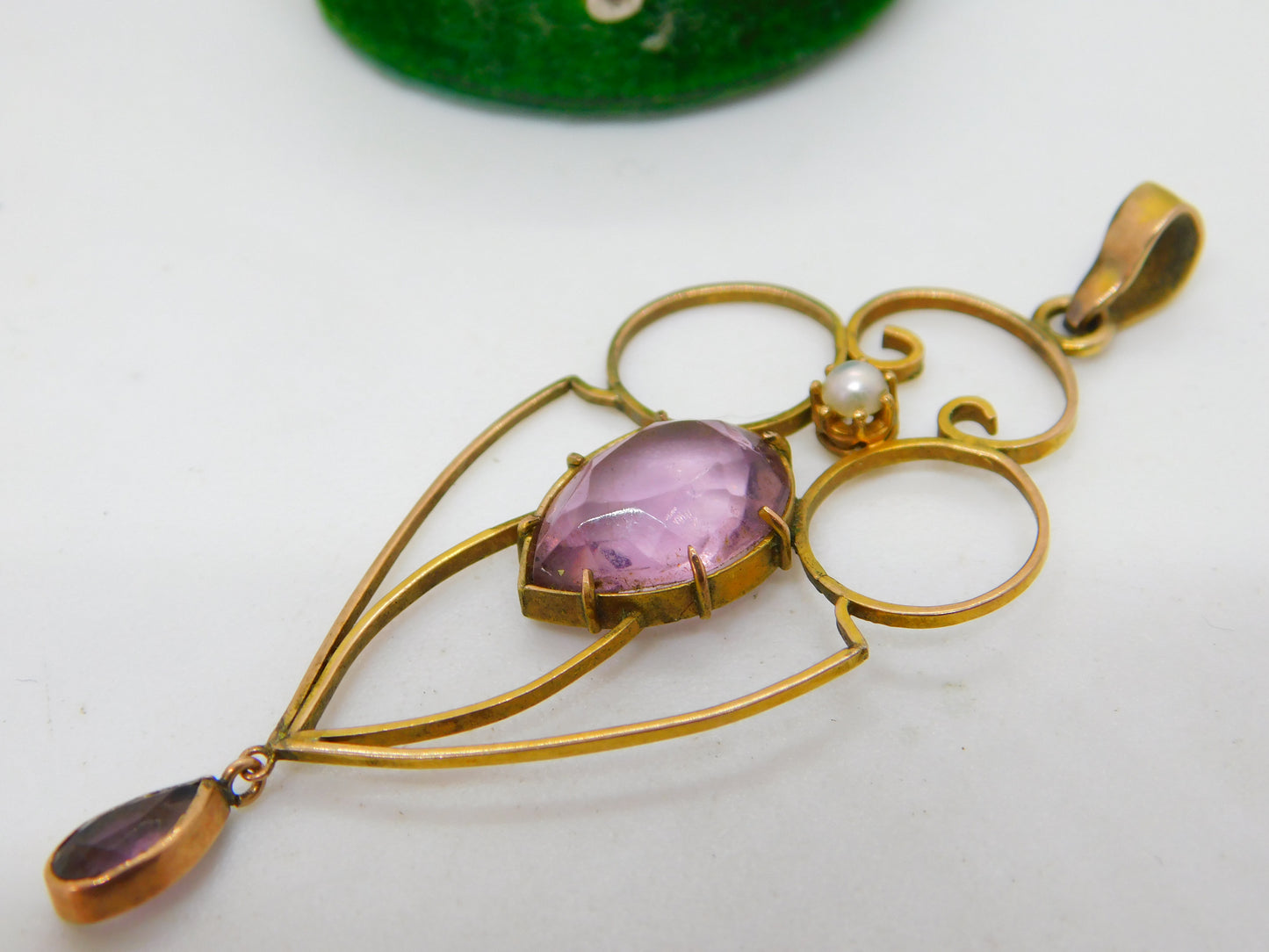 Edwardian 9ct Gold, Amethyst & Pearl Lavalier Drop Pendant Antique c1910