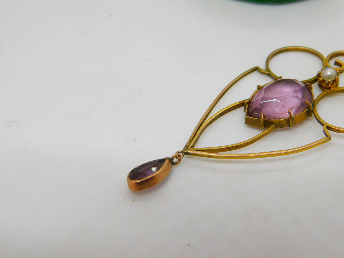 Edwardian 9ct Gold, Amethyst & Pearl Lavalier Drop Pendant Antique c1910