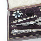 Victorian Boxed Sterling Silver Etui Sewing Set with Original Tools c1890