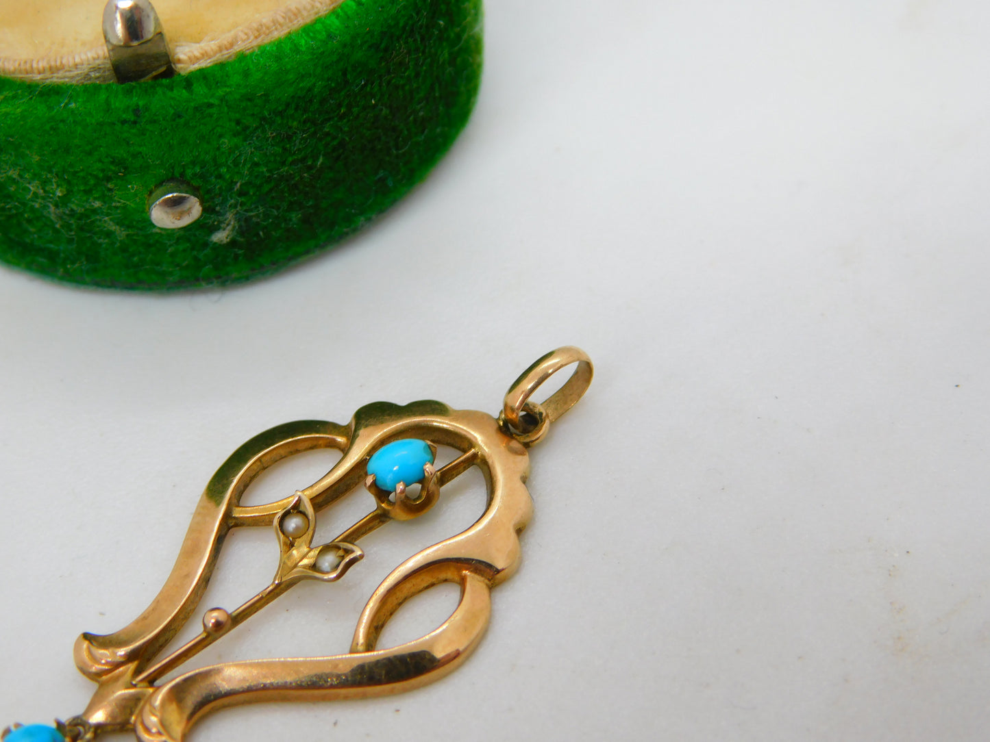 Edwardian 9ct Gold, Turquoise & Seed Pearl Lavalier Drop Pendant Antique c1910