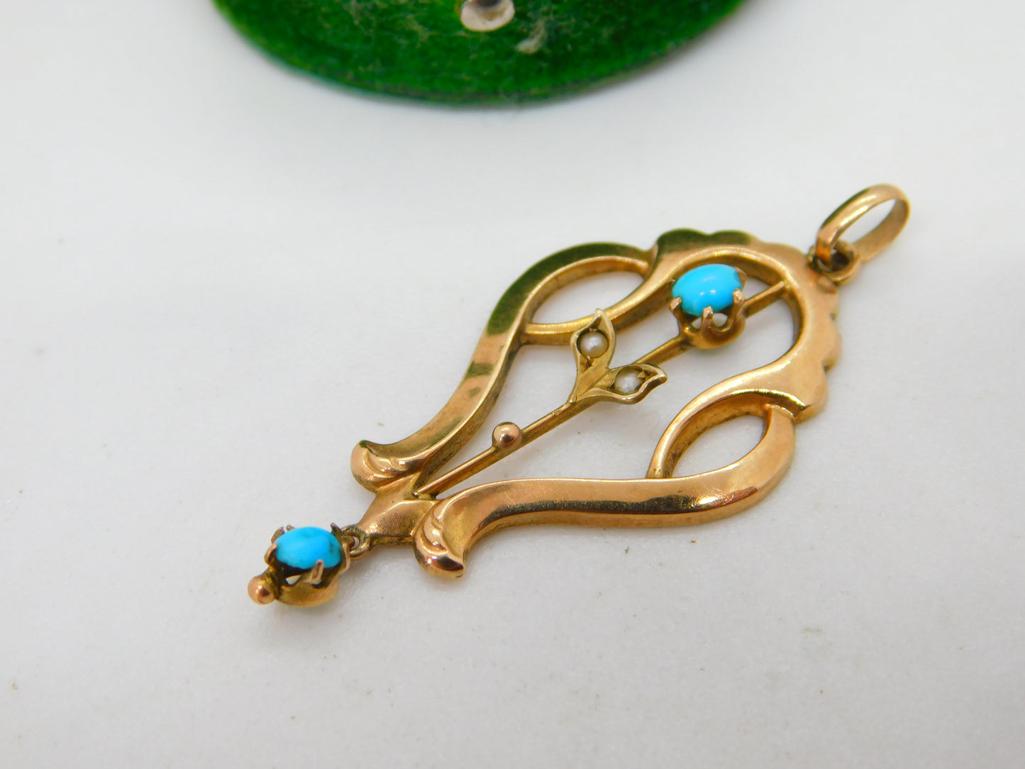 Edwardian 9ct Gold, Turquoise & Seed Pearl Lavalier Drop Pendant Antique c1910