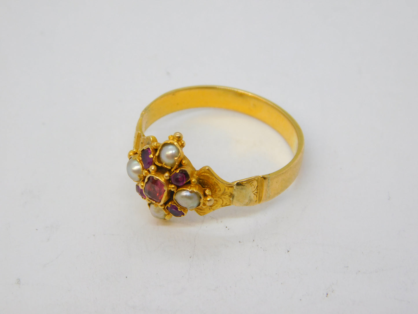 Victorian 18ct Yellow Gold, Ruby & Pearl Set Floral Dress Ring Antique c1860