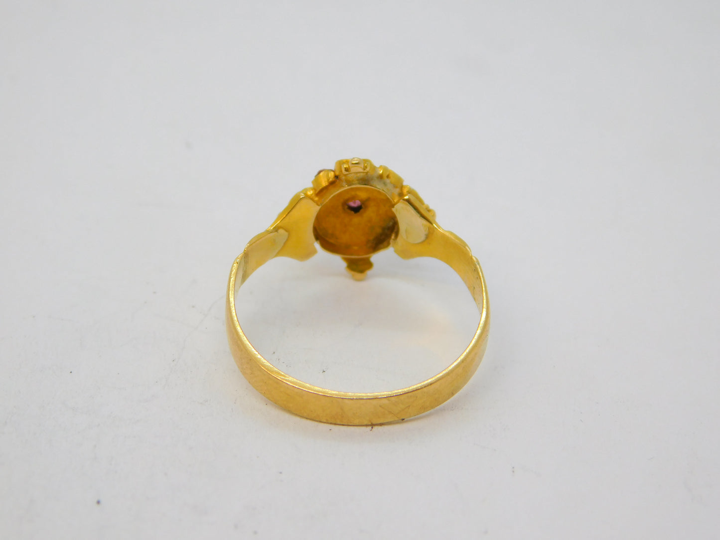 Victorian 18ct Yellow Gold, Ruby & Pearl Set Floral Dress Ring Antique c1860