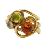 9ct Gold, Amber, Peridot & Moonstone Modernist Dress Ring Vintage 2006 Birmingham