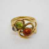 9ct Gold, Amber, Peridot & Moonstone Modernist Dress Ring Vintage 2006 Birmingham