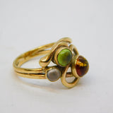 9ct Gold, Amber, Peridot & Moonstone Modernist Dress Ring Vintage 2006 Birmingham