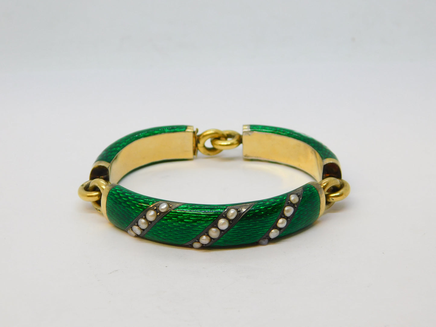 19th Century French 18ct Gold, Silver Gilt, Enamel, Pearl Bracelet Antique c1880