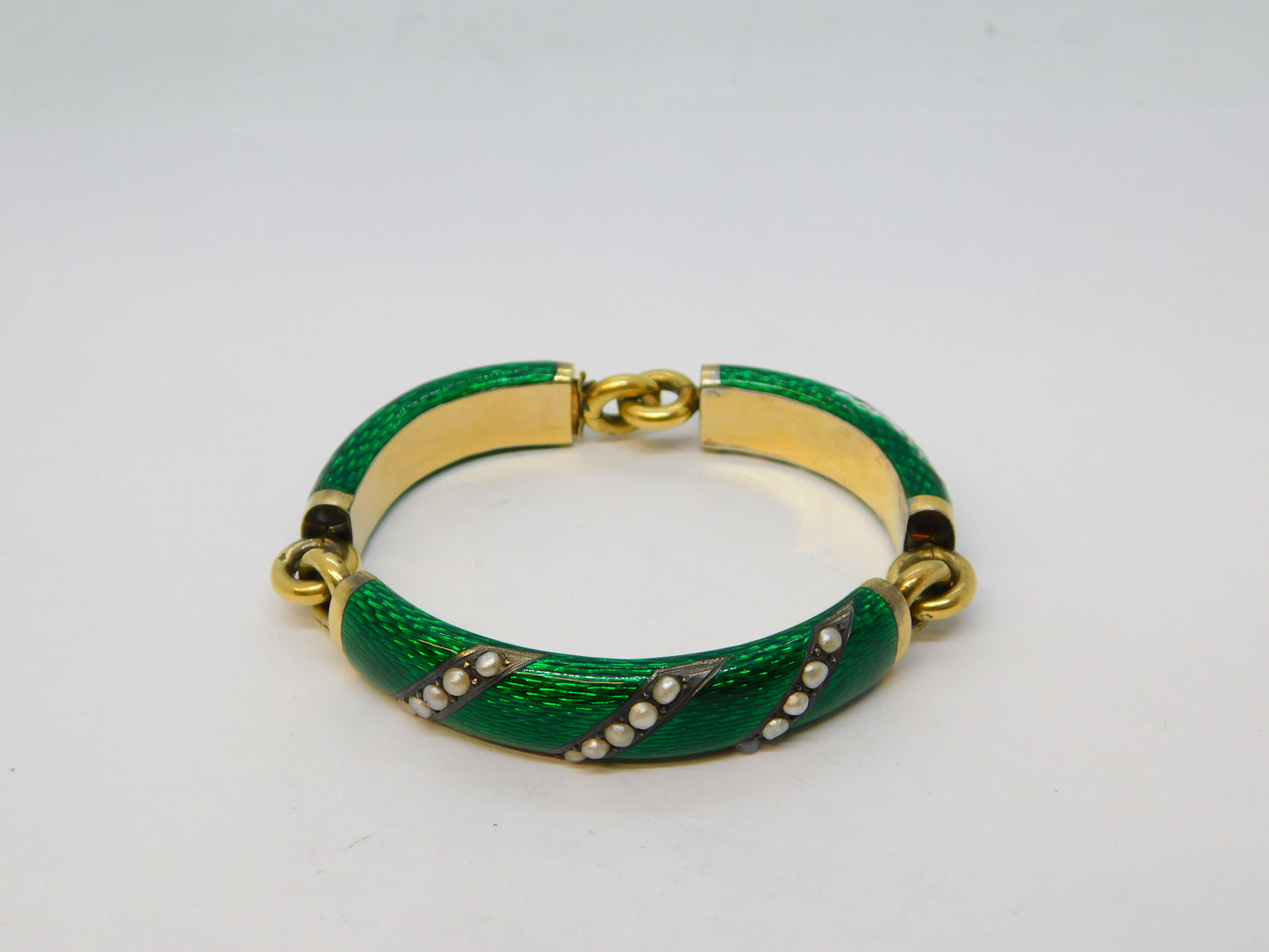 19th Century French 18ct Gold, Silver Gilt, Enamel, Pearl Bracelet Antique c1880