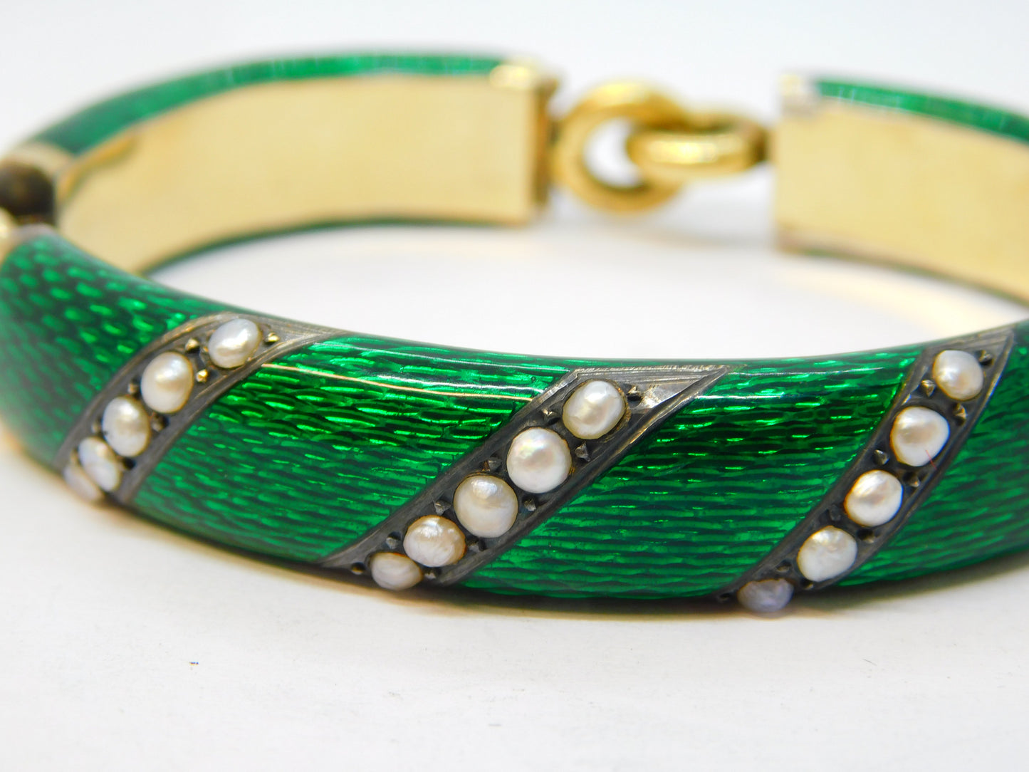 19th Century French 18ct Gold, Silver Gilt, Enamel, Pearl Bracelet Antique c1880