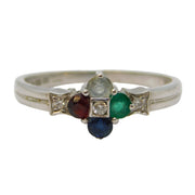 9ct White Gold, Diamond & Multi-Gem Harlequin Style Ring Vintage c1980