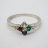 9ct White Gold, Diamond & Multi-Gem Harlequin Style Ring Vintage c1980