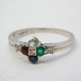 9ct White Gold, Diamond & Multi-Gem Harlequin Style Ring Vintage c1980