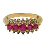 9ct Gold, Five-Stone Ruby & Diamond Dress Ring Vintage c1980 Birmingham